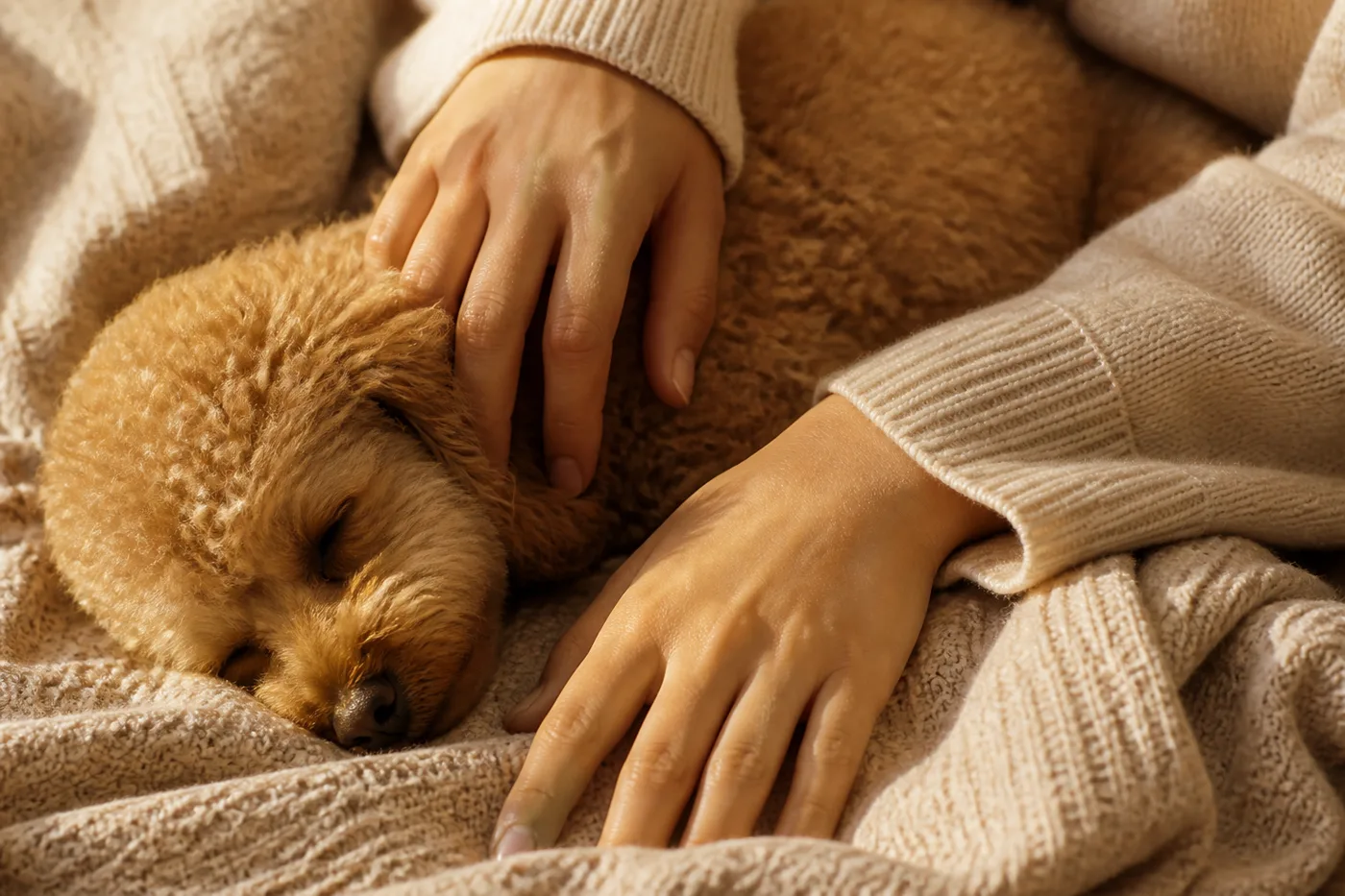 毛布の上で寄り添って眠る人と小型犬（DEMO）